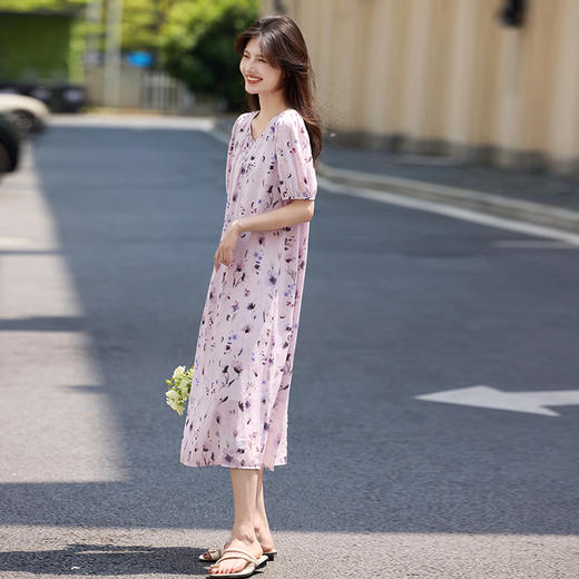 熙世界假日风紫色碎花连衣裙女2025夏日新款法式泡泡袖雪纺a字裙 商品图4