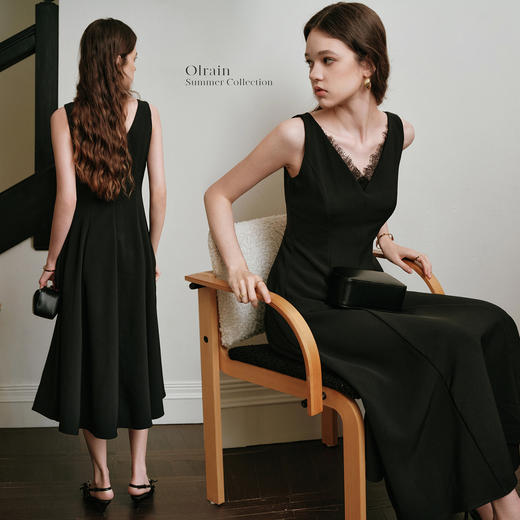 OLrain欧芮儿黑色赫本风蕾丝花边V领2025夏季新款收腰显瘦连衣裙 商品图2