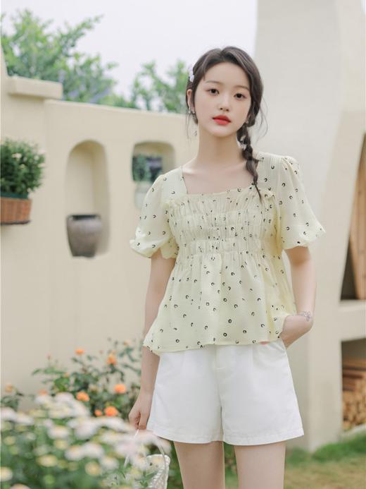 9.3秒杀6607 方领褶皱碎花泡泡袖短袖-喜出 商品图0