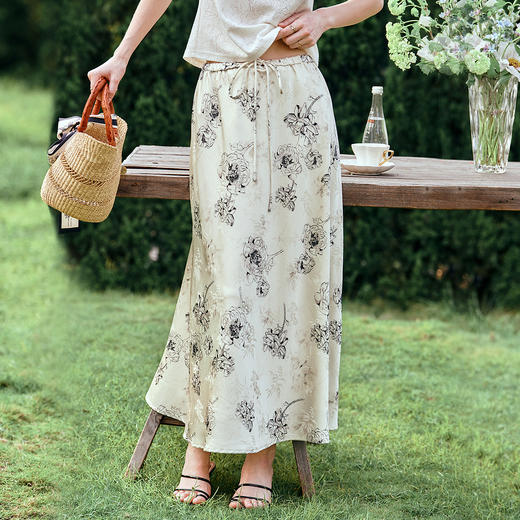 OLrain欧芮儿法式优雅提花印花半身裙女夏季2025新款高腰绑带裙子 商品图3