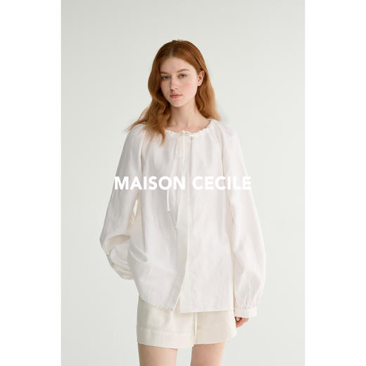 MAISON CECILE亚麻肌理感宽松廓形可调节抽绳圆领系带白衬衫 商品图1