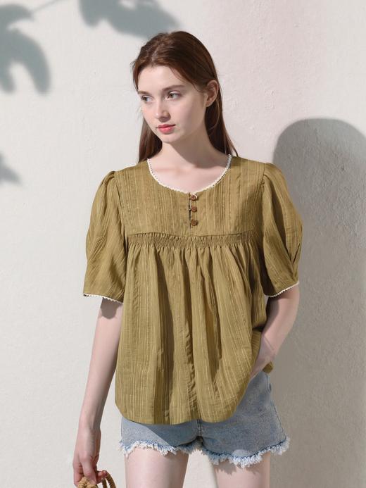 （夏季最后清仓）金棕色肌理纹提花宽松短袖小衫-喜出 商品图0