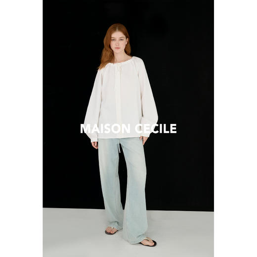 MAISON CECILE亚麻肌理感宽松廓形可调节抽绳圆领系带白衬衫 商品图4