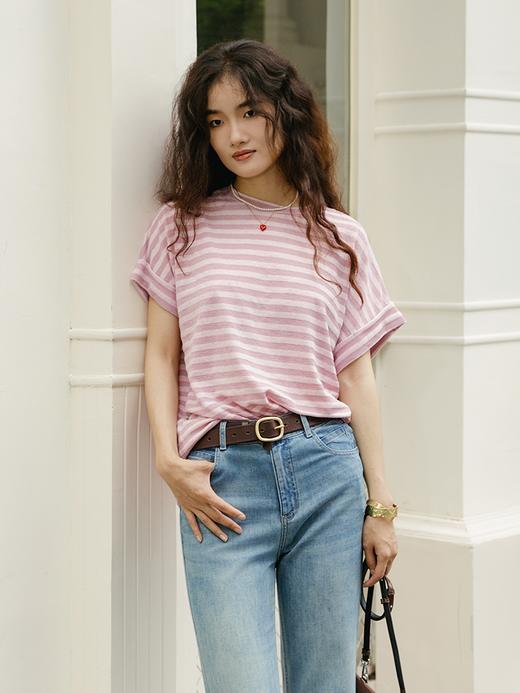 一片式薄款翻边袖撞色条纹上衣FCF2TEE080 商品图2