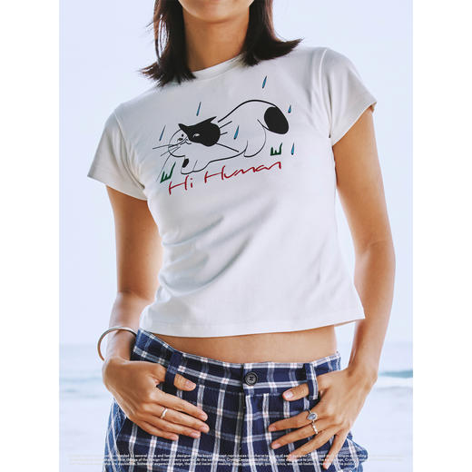 CryingCenter 你好小猫印花正肩弹力修身辣妹短袖  哭喊中心 商品图3