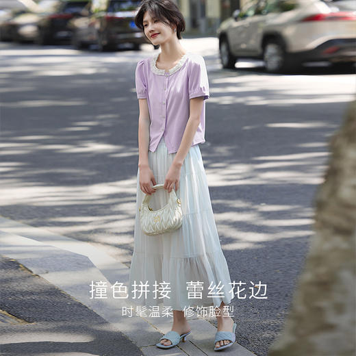【周末秒杀】熙世界法式蕾丝花边拼接圆领T恤女短袖优雅黑色上衣2025夏季新款 商品图2