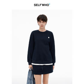SELFWHO精梳棉宝蓝色假两件长袖t恤夏新款宽松显瘦落肩上衣