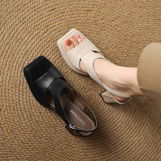 【预售5天】真皮粗跟凉鞋防水台高跟鞋，英伦风中空露趾黑色女鞋DPJ&3071 商品图4