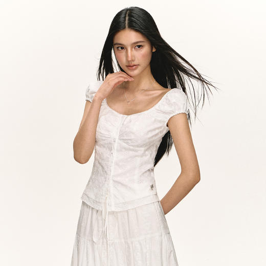 Ariseism  美式复古短袖T恤女夏季新款修身上衣收腰泡泡袖小衫 商品图2