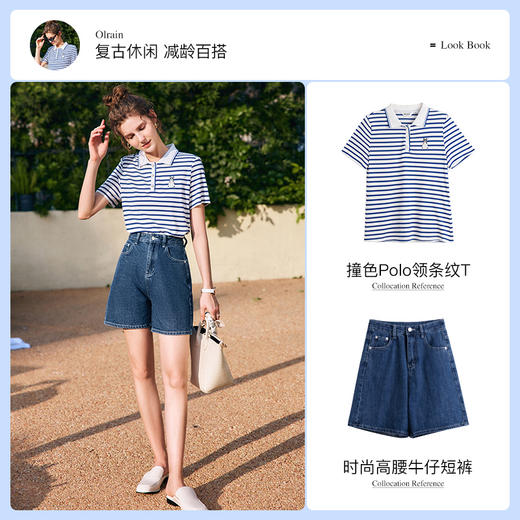 OLrain欧芮儿法式polo领条纹T恤女夏季2025年新款刺绣海军风上衣 商品图2