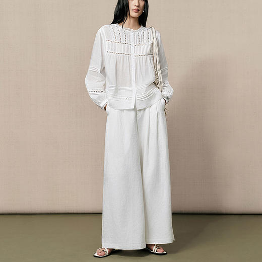 【林栖设计小店】（现货）苎麻衬衣压褶镂空肌理花边优雅2025夏季新品长袖上衣女F1952505 商品图1