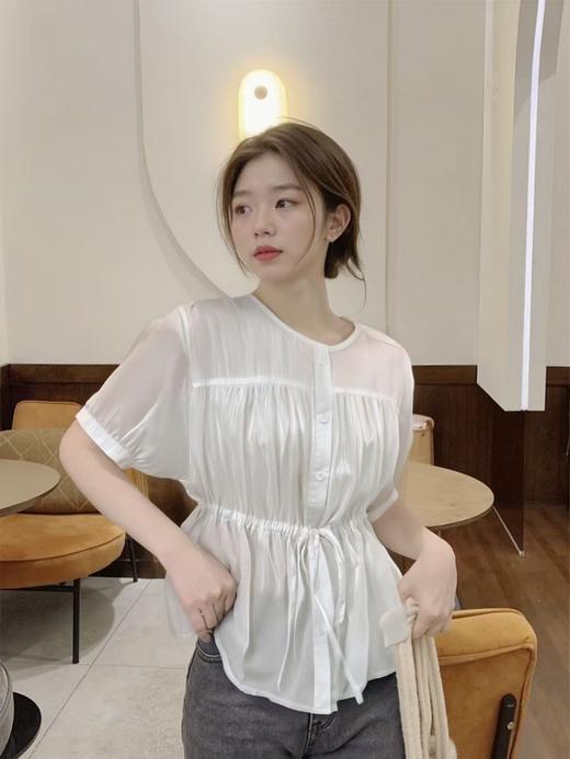 【节日特卖】2333 珠光感天丝薄款收腰宽松短袖小衫(需搭配吊带穿着)-喜出 商品图0