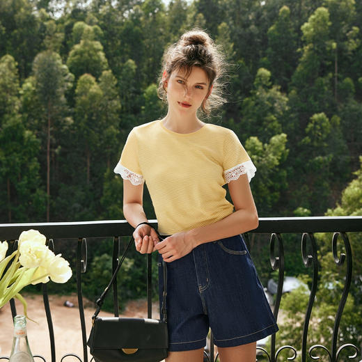 OLrain欧芮儿条纹蕾丝花边短袖T恤女夏季2025新款黄色小个子上衣 商品图3