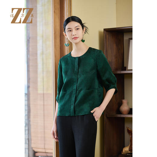 佐尔美夏季新款优雅新中式国风桑蚕丝短袖上衣女M52CS45 商品图3