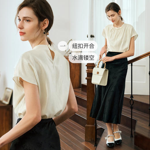 OLrain欧芮儿法式杏色雪纺衫女夏季2025年新款褶皱设计感百搭上衣 商品图1