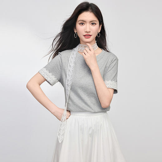 【专属特价】熙世界100棉蕾丝花边短袖T恤女夏季百搭宽松休闲蓝色体恤圆领上衣 商品图1