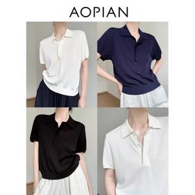 奥篇法式高级老钱风 纯色极简兰精天丝Polo领短袖针织衫