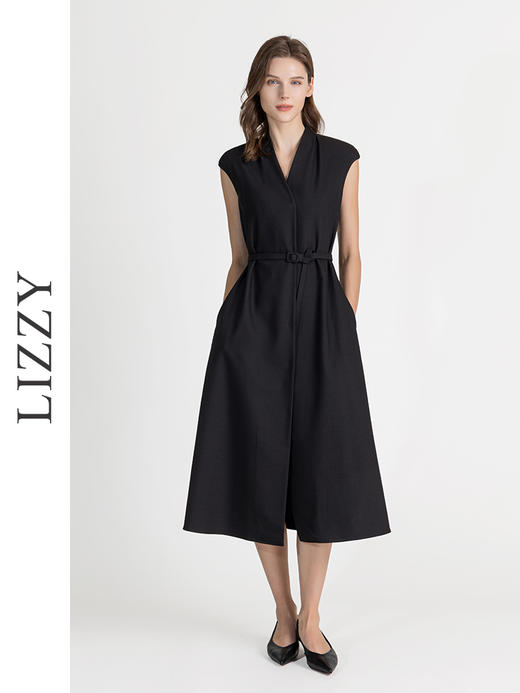 LIZZY早秋优雅名媛气质经典通勤收腰大摆连衣裙配腰带8144 商品图1