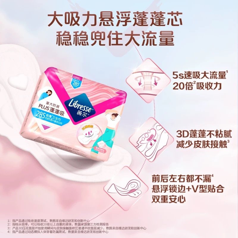 Libresse薇尔PLUS蓬蓬吸日用285卫生巾8片*3包共24片 量大防漏
