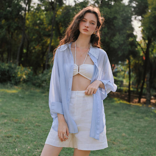 OLrain欧芮儿蕾丝领撞色蓝色宽松衬衫女夏季2025新款慵懒长袖上衣 商品图2