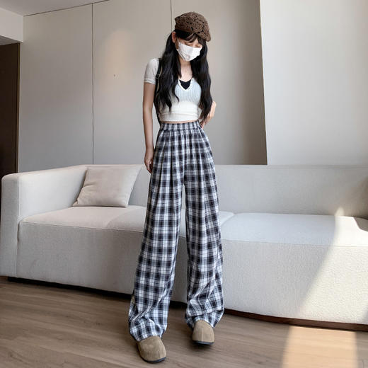 【YW】无忧购韩系多巴胺撞色格子高腰垂感显瘦直筒山本阔腿裤H-1775（截单后3-5天发货) 商品图3