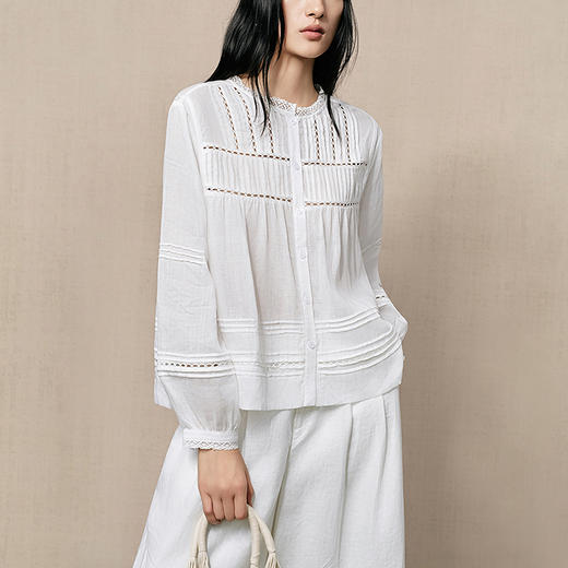 【林栖设计小店】（现货）苎麻衬衣压褶镂空肌理花边优雅2025夏季新品长袖上衣女F1952505 商品图0