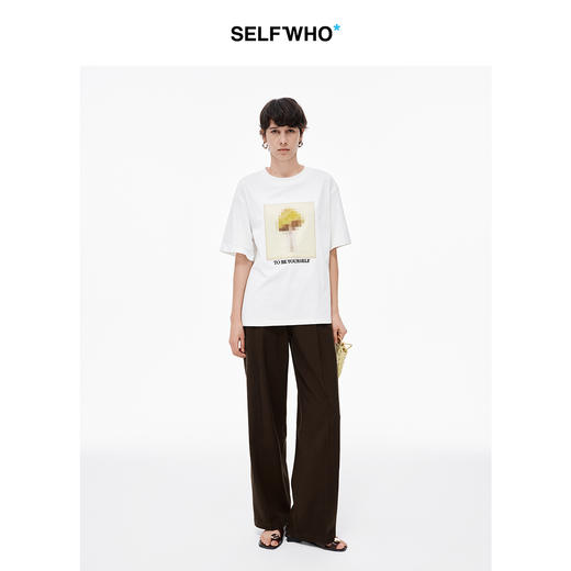 SELFWHO棉涤混纺白色短袖t恤女2025夏新款人字形包边绣花宽松上衣 商品图0