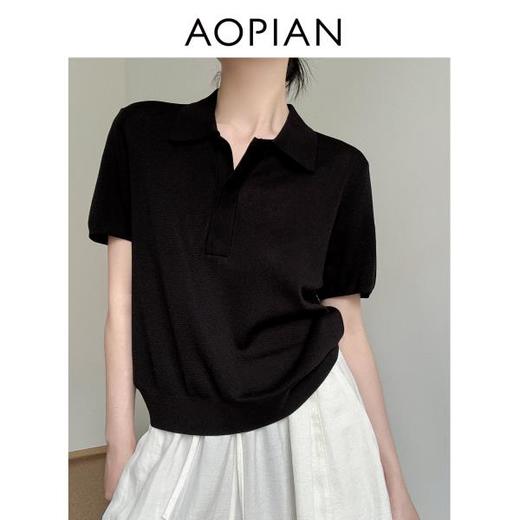 奥篇法式高级老钱风 纯色极简兰精天丝Polo领短袖针织衫 商品图3