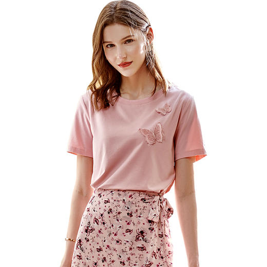 欧芮儿立体刺绣蝴蝶T恤2025夏季新款圆领短袖粉色宽松上衣设计感 商品图3