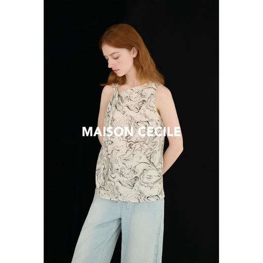 MAISON CECILE 两色印花/桑蚕丝轻薄透气斜领扭结无袖背心 商品图1