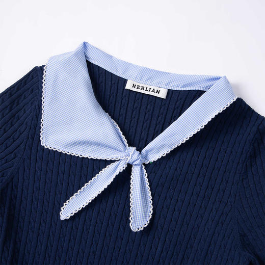 HERLIAN 2025夏季新品女士领口系带蝴蝶结拼色设计针织衫 商品图3