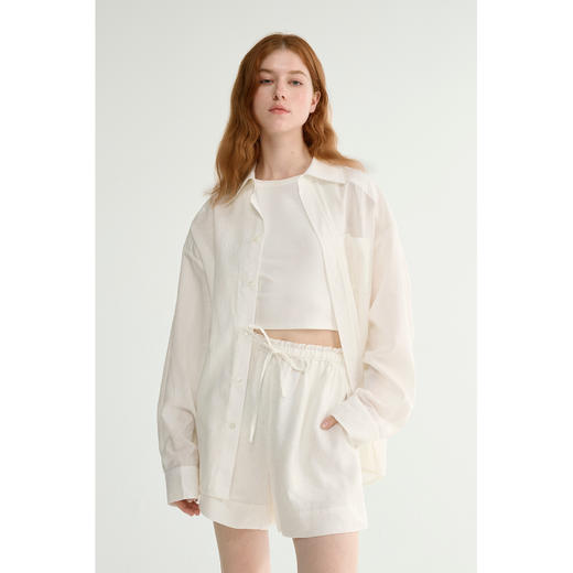 MAISON CECILE 亚麻肌理感清爽透气宽松简约男友风翻领百搭白衬衫 商品图0