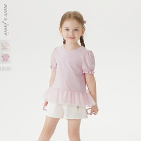 马克珍妮女童网纱花边短袖T恤 宝宝泡泡袖上衣2025夏装新款550785