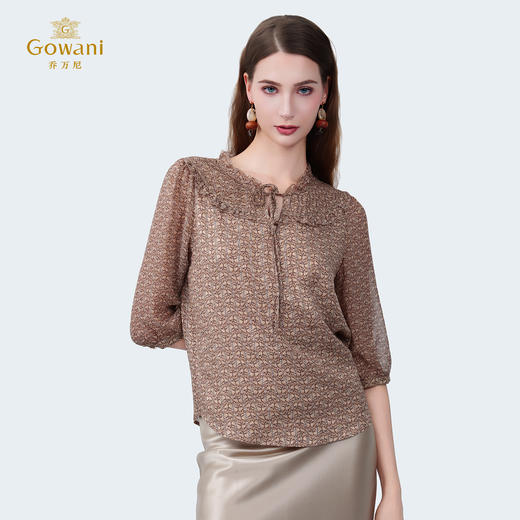 乔万尼新品中袖印花南法田园风木耳领100%真丝衬衫上衣ED2C437 商品图2