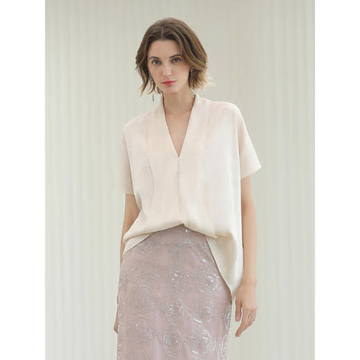 COCOBELLA重工对丝暗纹提花缎国风短袖衬衫新中式罩衫SR3198 商品图1