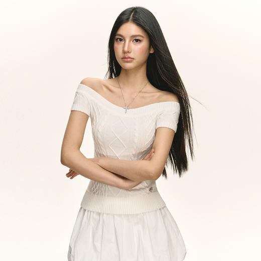 Ariseism  美式复古一字肩针织短袖T恤女夏季新款修身上衣 商品图1