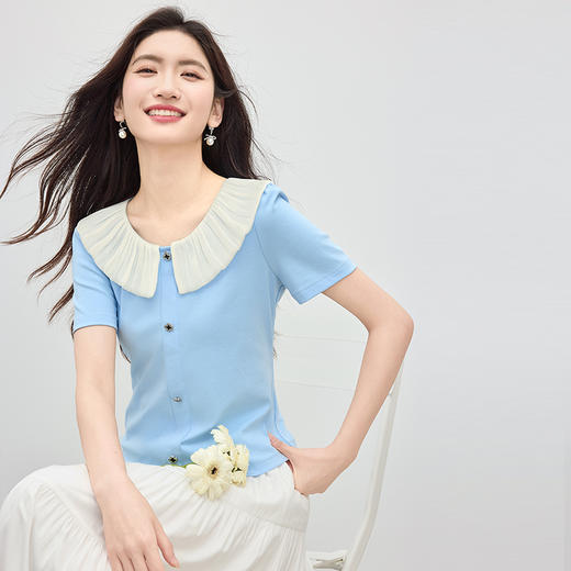 【周四狂欢价】熙世界小香风撞色拼接荷叶领T恤女短袖夏季新款法式修身别致上衣 商品图3