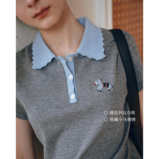 OLrain欧芮儿撞色波浪边复古polo领T恤女夏季2025新款短袖上衣 商品图3