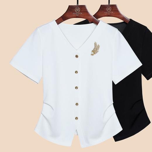 【自】全新升级洛诗琳【铂金会员109/天猫149/差价40】(14757)褶皱设计感开叉T恤2025夏季新款正肩显瘦V领上衣女 商品图0