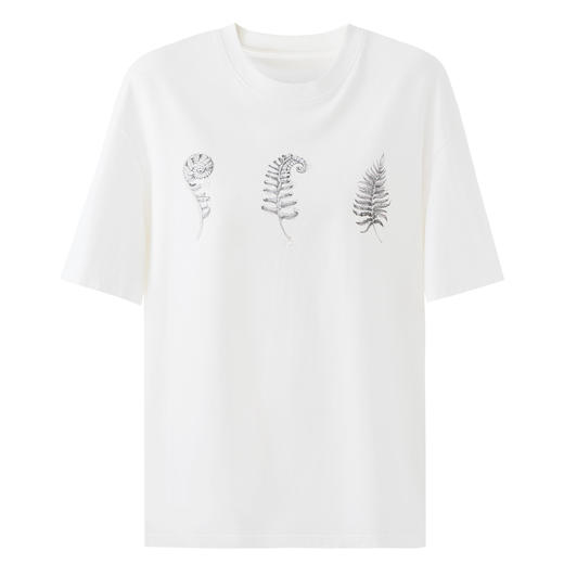 SELFWHO棉混纺白色蕨叶印花短袖T恤女2025夏新款宽松圆领落肩上衣 商品图4