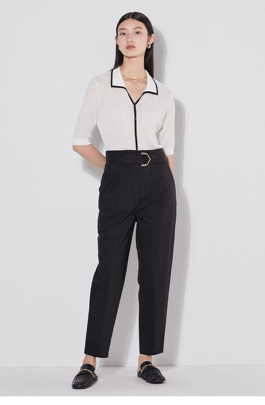 [K]洛诗琳40640设计感撞色边翻领针织衫2025夏季新款镂空花型短袖上衣0172 商品图5