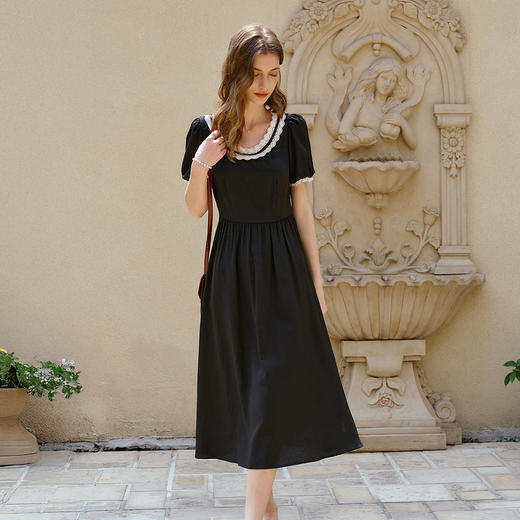 OLrain欧芮儿U领花边法式黑色可调节腰带夏季2025新款宽松连衣裙 商品图3