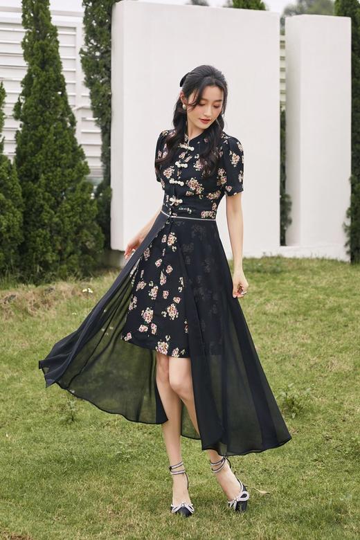 Le Malene 黑色花朵中式盘扣网纱两穿连衣裙 20284 商品图4