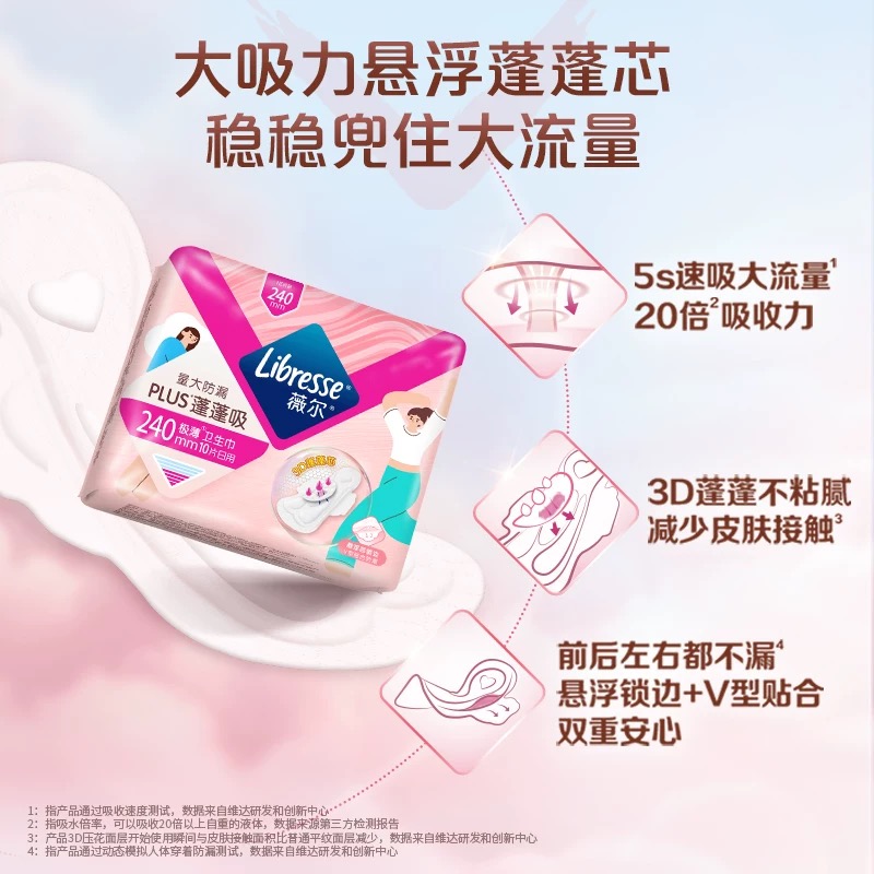 Libresse薇尔PLUS蓬蓬吸日用240卫生巾10片*3包共30片 量大防漏