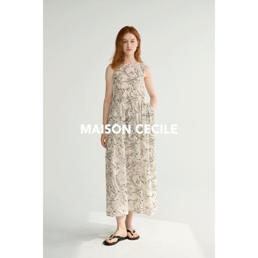MAISON CECILE 设计师印花/桑蚕丝不规则艺术线条无袖背心连衣裙 商品图3