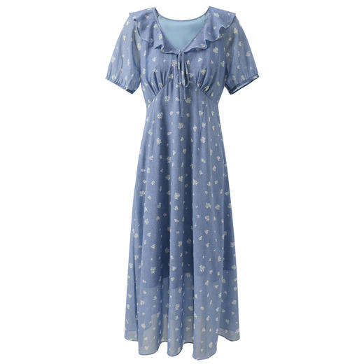 三彩2025夏季新款印花雪纺连衣裙法式A字裙荷叶边系带V领长裙M 商品图4