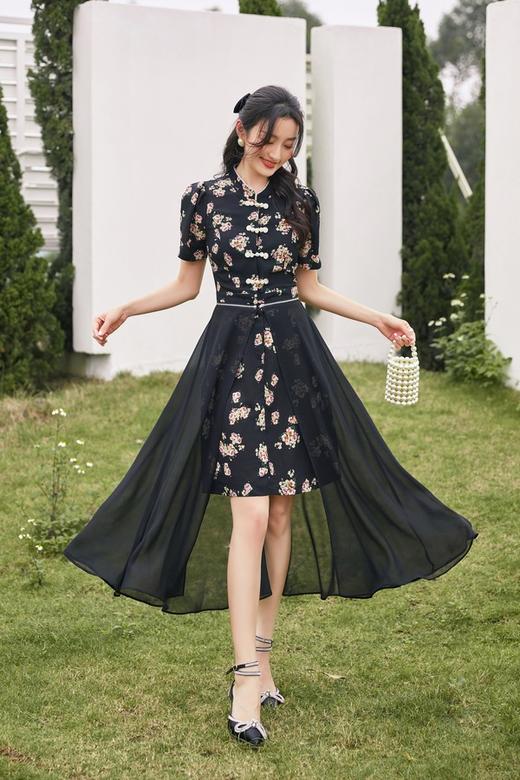 Le Malene 黑色花朵中式盘扣网纱两穿连衣裙 20284 商品图1