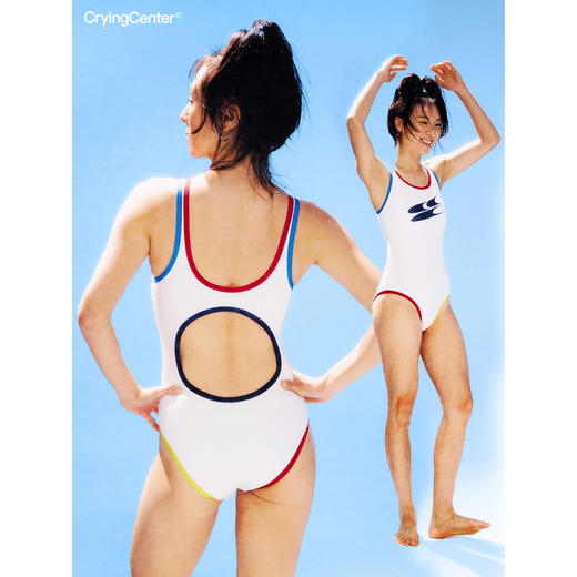 CryingCenter 后背镂空复古彩条撞边连体泳衣 哭喊中心 商品图1