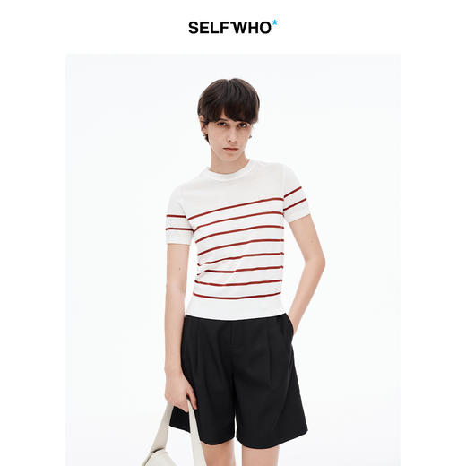 SELFWHO醋酸棉撞色条纹针织衫短袖t恤女2025夏季新款圆领正肩上衣 商品图1