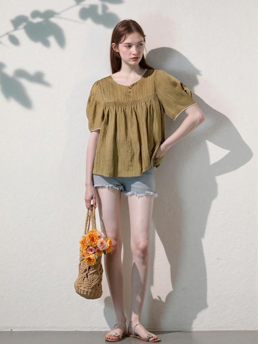 （夏季最后清仓）金棕色肌理纹提花宽松短袖小衫-喜出 商品图1